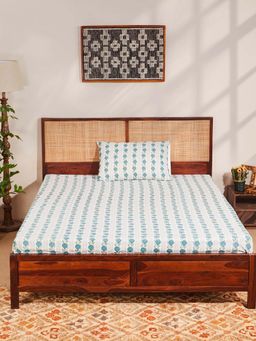 Fabindia - Teal Aksh Cotton Printed Bed Sheet With 1 Pillow Cover Single