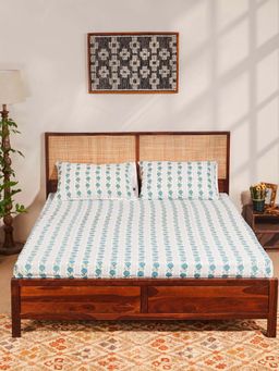 Fabindia - Teal Aksh Cotton Printed Bed Sheet With 2 Pillow Covers