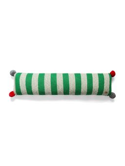 PLUCHI - Streaky Cotton Knitted Decorative Hot Green With Red Poms 35 X 7 Inches Oblong Pillow Cover