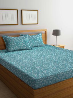 FABINALIV - Turquoise Cartoon Design 100% Cotton Handwoven King Bedsheet With 2 Pillow Covers