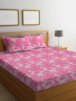 FABINALIV - Pink Cartoon Design 100% Cotton Handwoven King Size Double Bedsheet With 2 Pillow Covers