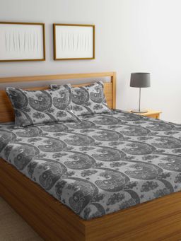 FABINALIV - Grey Cartoon Design 100% Cotton Handwoven King Size Double Bedsheet With 2 Pillow Covers