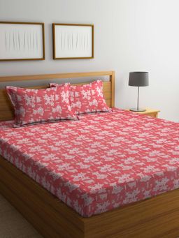 FABINALIV - Red Cartoon Design 100% Cotton Handwoven King Size Double Bedsheet With 2 Pillow Covers