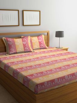 FABINALIV - Multicolor Cartoon Design 100% Cotton Handwoven King Bedsheet With 2 Pillow Covers