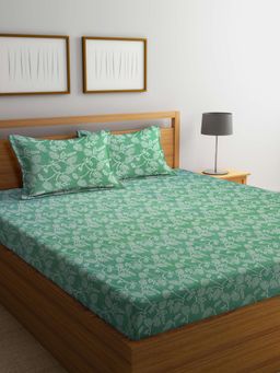 FABINALIV - Green Floral 100% Cotton Handwoven King Size Double Bedsheet With 2 Pillow Covers