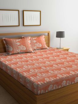 FABINALIV - Orange Cartoon Design 100% Cotton Handwoven King Size Double Bedsheet With 2 Pillow Covers