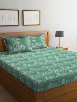 FABINALIV - Green Cartoon Design 100% Cotton Handwoven King Size Double Bedsheet With 2 Pillow Covers