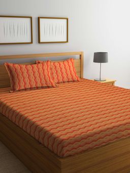 FABINALIV - Orange Chevron 100% Cotton Handwoven King Size Double Bedsheet With 2 Pillow Covers