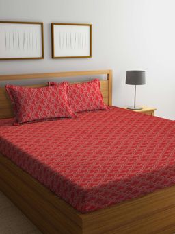 FABINALIV - Red Abstract 100% Cotton Handwoven King Size Double Bedsheet With 2 Pillow Covers