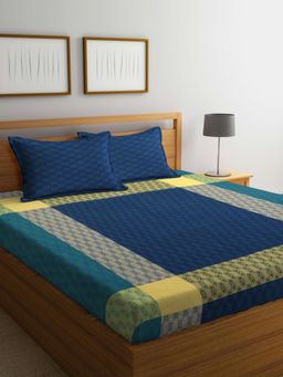 FABINALIV - Multicolor Geometric 100% Cotton Handwoven King Size Double Bedsheet With 2 Pillow Covers