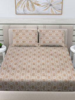 FABINALIV - Beige Geometric 300 Tc 100% Cotton King Size Double Bedsheet With 2 Pillow Covers