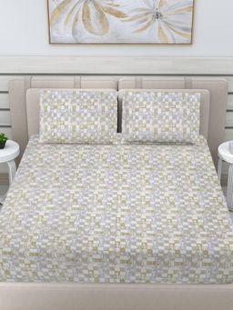FABINALIV - Beige Geometric 300 Tc 100% Cotton King Size Double Bedsheet With 2 Pillow Covers