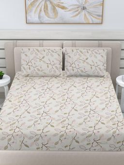 FABINALIV - Beige Floral 300 Tc 100% Cotton King Size Double Bedsheet With 2 Pillow Covers