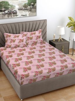 FABINALIV - Pink Floral 300 Tc 100% Cotton King Size Double Bedsheet With 2 Pillow Covers
