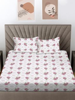 FABINALIV - Pink Floral 300 Tc 100% Cotton King Size Double Bedsheet With 2 Pillow Covers