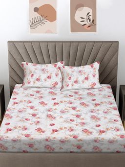 FABINALIV - Red Floral 300 Tc 100% Cotton King Size Double Bedsheet With 2 Pillow Covers