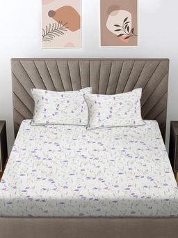 FABINALIV - Purple Floral 300 Tc 100% Cotton King Size Double Bedsheet With 2 Pillow Covers