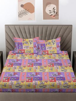 FABINALIV - Multicolor Cartoon Print 100% Cotton King Size Double Bedsheet With 2 Pillow Covers