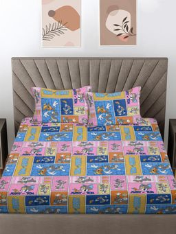 FABINALIV - Multicolor Cartoon Print 100% Cotton King Size Double Bedsheet With 2 Pillow Covers