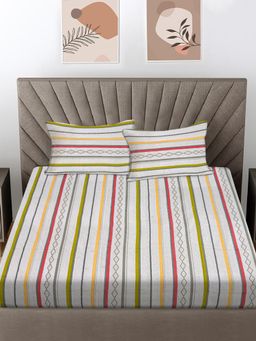 FABINALIV - Multicolor Striped 100% Cotton King Size Double Bedsheet With 2 Pillow Covers