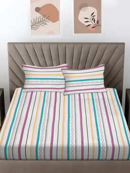 FABINALIV - Multicolor Striped 100% Cotton King Size Double Bedsheet With 2 Pillow Covers