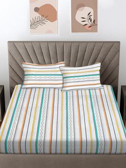 FABINALIV - Multicolor Striped 100% Cotton King Size Double Bedsheet With 2 Pillow Covers