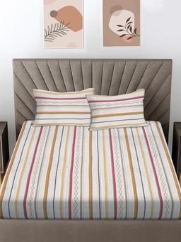FABINALIV - Multicolor Striped 100% Cotton King Size Double Bedsheet With 2 Pillow Covers