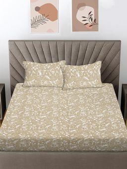FABINALIV - Beige Floral 300 Tc 100% Cotton King Size Double Bedsheet With 2 Pillow Covers
