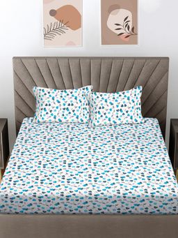 FABINALIV - Blue Floral 300 Tc 100% Cotton King Size Double Bedsheet With 2 Pillow Covers