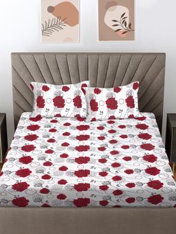 FABINALIV - Red Floral 300 Tc 100% Cotton King Size Double Bedsheet With 2 Pillow Covers