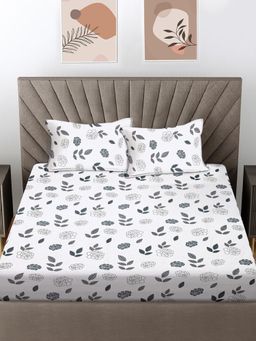 FABINALIV - Grey Floral 300 Tc 100% Cotton King Size Double Bedsheet With 2 Pillow Covers