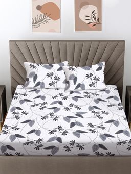 FABINALIV - White Floral 300 Tc 100% Cotton King Size Double Bedsheet With 2 Pillow Covers