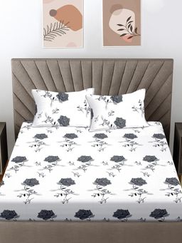 FABINALIV - Grey Floral 300 Tc 100% Cotton King Size Double Bedsheet With 2 Pillow Covers