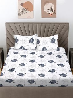 FABINALIV - White Floral 300 Tc 100% Cotton King Size Double Bedsheet With 2 Pillow Covers