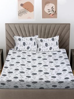 FABINALIV - Grey Floral 300 Tc 100% Cotton King Size Double Bedsheet With 2 Pillow Covers