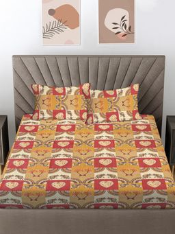 FABINALIV - Yellow Ethnic 300 Tc 100% Cotton King Size Double Bedsheet With 2 Pillow Covers