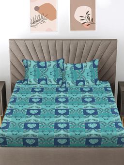 FABINALIV - Turquoise Ethnic 300 Tc 100% Cotton King Size Double Bedsheet With 2 Pillow Covers