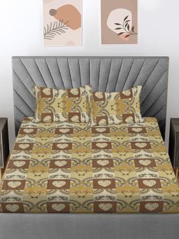 FABINALIV - Olive Ethnic 300 Tc 100% Cotton King Size Double Bedsheet With 2 Pillow Covers