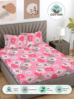 FABINALIV - Pink Cartoon Print 100% Cotton King Size Double Bedsheet With 2 Pillow Covers
