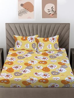 FABINALIV - Yellow Cartoon Print 100% Cotton King Size Double Bedsheet With 2 Pillow Covers
