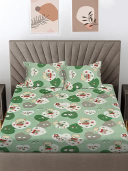 FABINALIV - Green Cartoon Print 100% Cotton King Size Double Bedsheet With 2 Pillow Covers