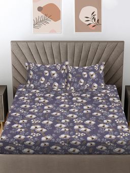 FABINALIV - Purple Floral 300 Tc 100% Cotton King Size Double Bedsheet With 2 Pillow Covers