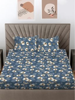 FABINALIV - Blue Floral 300 Tc 100% Cotton King Size Double Bedsheet With 2 Pillow Covers