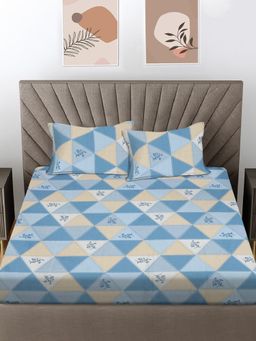 FABINALIV - Blue Geometric 300 Tc 100% Cotton King Size Double Bedsheet With 2 Pillow Covers