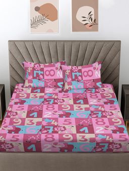 FABINALIV - Pink Cartoon Print 100% Cotton King Size Double Bedsheet With 2 Pillow Covers