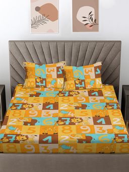 FABINALIV - Yellow Cartoon Print 100% Cotton King Size Double Bedsheet With 2 Pillow Covers