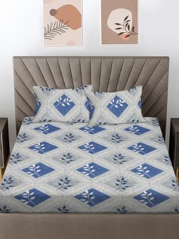 FABINALIV - Blue Geometric 300 Tc 100% Cotton King Size Double Bedsheet With 2 Pillow Covers