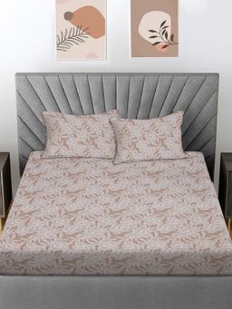 FABINALIV - Beige Floral 300 Tc 100% Cotton King Size Double Bedsheet With 2 Pillow Covers