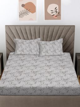 FABINALIV - Grey Floral 300 Tc 100% Cotton King Size Double Bedsheet With 2 Pillow Covers