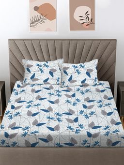 FABINALIV - Blue Floral 300 Tc 100% Cotton King Size Double Bedsheet With 2 Pillow Covers